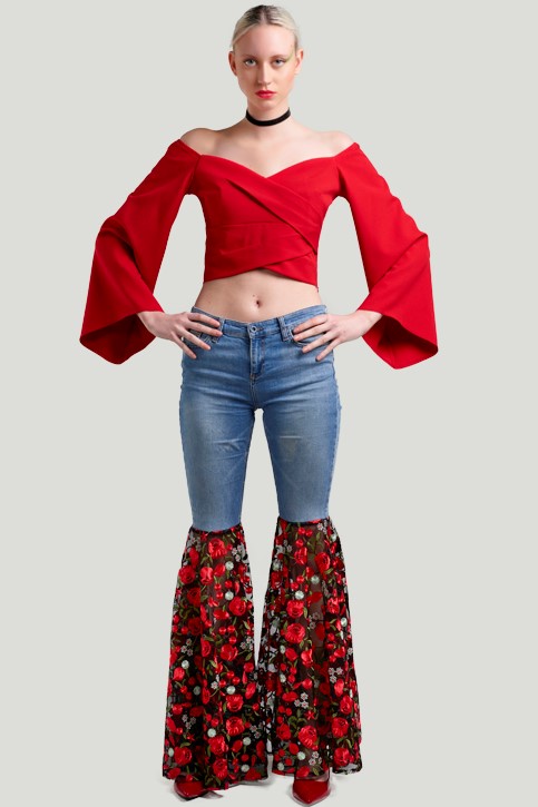 Show details for ESRA GÜRSES RED LOW SHOULDER SPANISH ARM BLOUSE