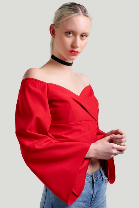 Show details for ESRA GÜRSES RED LOW SHOULDER SPANISH ARM BLOUSE