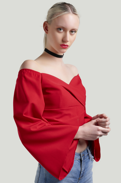 Picture of ESRA GÜRSES RED LOW SHOULDER SPANISH ARM BLOUSE